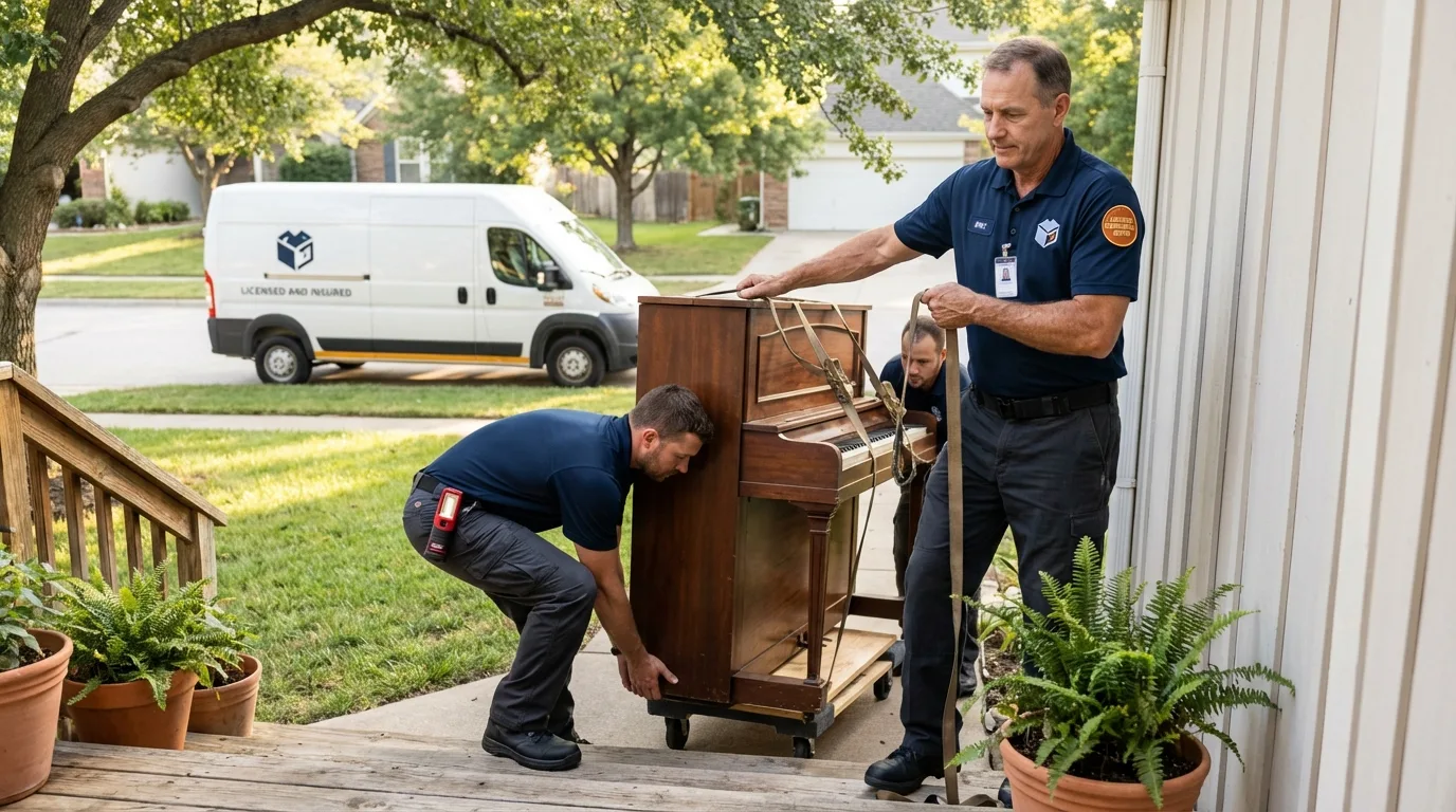 Licensed piano movers securing grand piano in Essex Junction, VT