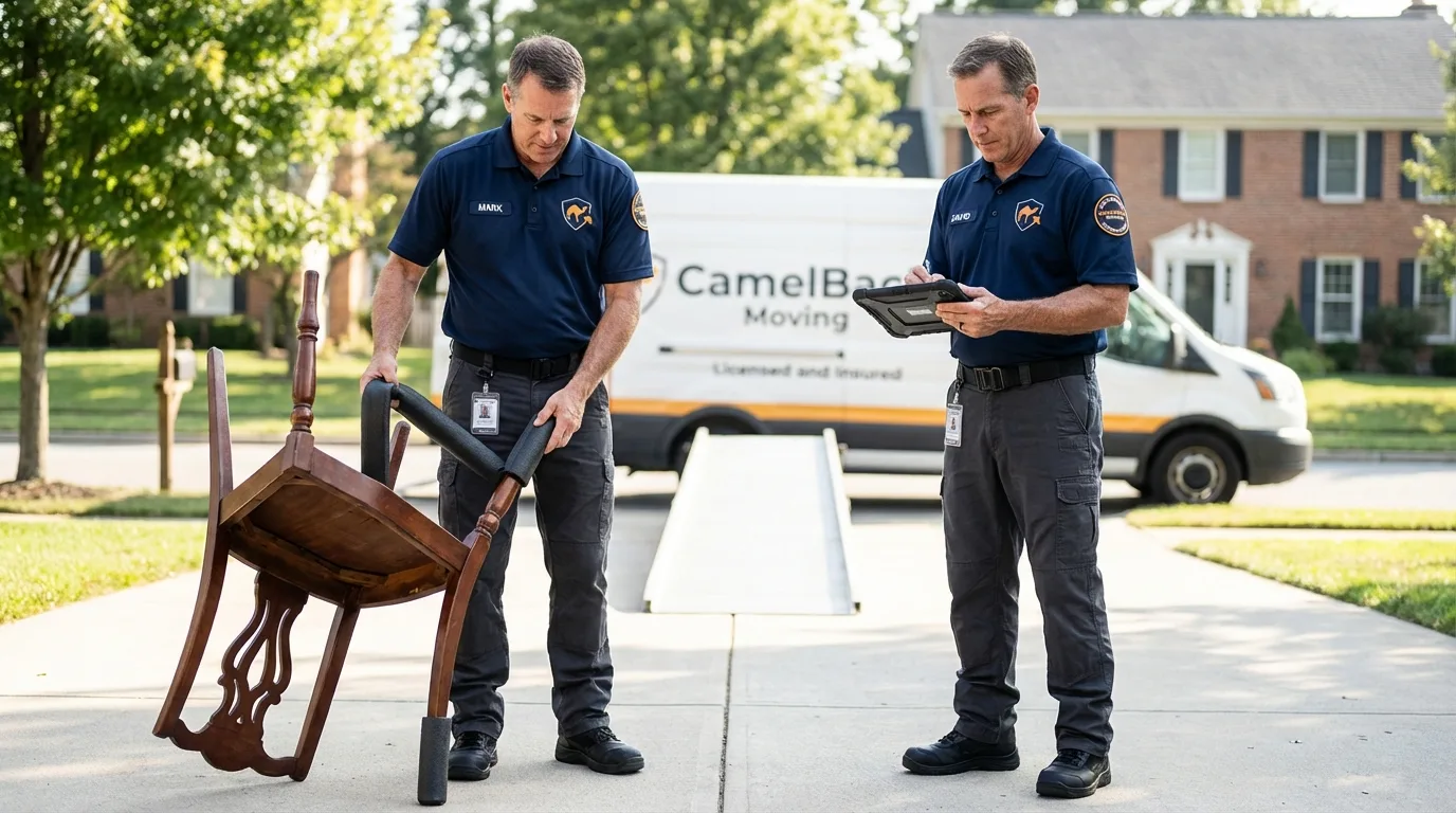 Movers inspecting furniture for damage prevention before loading in Essex Junction, VT